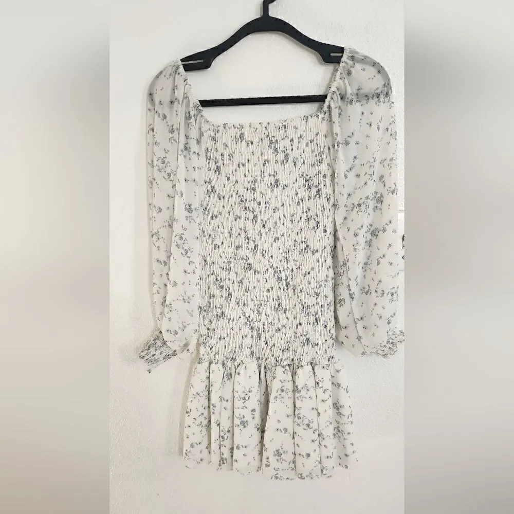 Lulu's Va Va Bloom Ivory Floral Print Smocked Long Sleeve Mini Dress Size XS